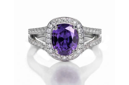 1221 custom made vintage inspired purple sapphire and diamond floral halo engagement rings