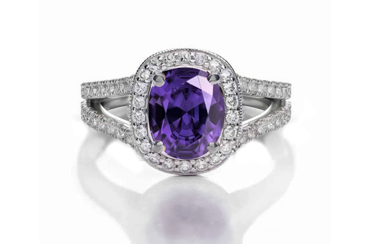 1221 custom made vintage inspired purple sapphire and diamond floral halo engagement rings