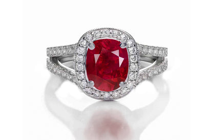 1221 custom made vintage inspired ruby and diamond floral halo engagement rings