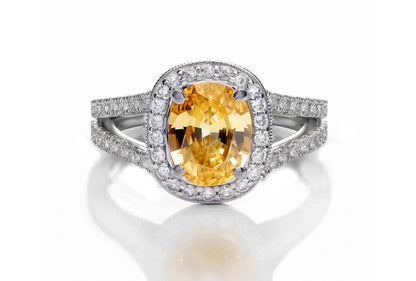 1221 custom made vintage inspired yellow sapphire and diamond floral halo engagement rings