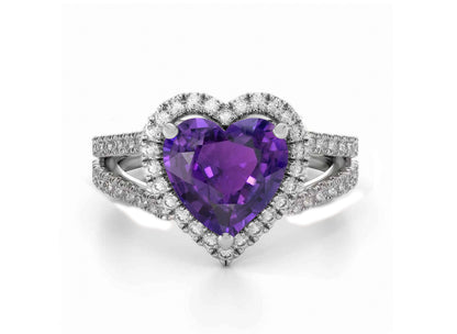 1223 custom made vintage inspired purple sapphire and diamond floral halo engagement rings