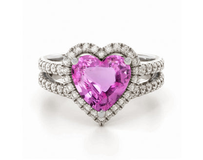 1224 custom made vintage inspired pink sapphire and diamond floral halo engagement rings