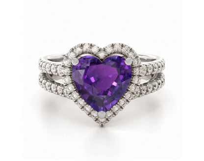 1224 custom made vintage inspired purple sapphire and diamond floral halo engagement rings