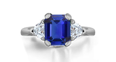 1225 custom made vintage inspired blue sapphire and diamond floral halo three stone engagement rings