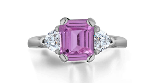 1225 custom made vintage inspired pink sapphire and diamond floral halo three stone engagement rings