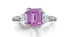 1225 custom made vintage inspired pink sapphire and diamond floral halo three stone engagement rings