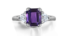 1225 custom made vintage inspired purple sapphire and diamond floral halo three stone engagement rings