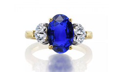 1226 custom made vintage inspired blue sapphire and diamond floral halo three stone engagement rings