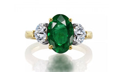 1226 custom made vintage inspired emerald and diamond floral halo three stone engagement rings