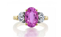 1226 custom made vintage inspired pink sapphire and diamond floral halo three stone engagement rings