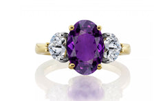 1226 custom made vintage inspired purple sapphire and diamond floral halo three stone engagement rings