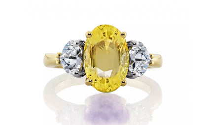 1226 custom made vintage inspired yellow sapphire and diamond floral halo three stone engagement rings