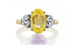 1226 custom made vintage inspired yellow sapphire and diamond floral halo three stone engagement rings