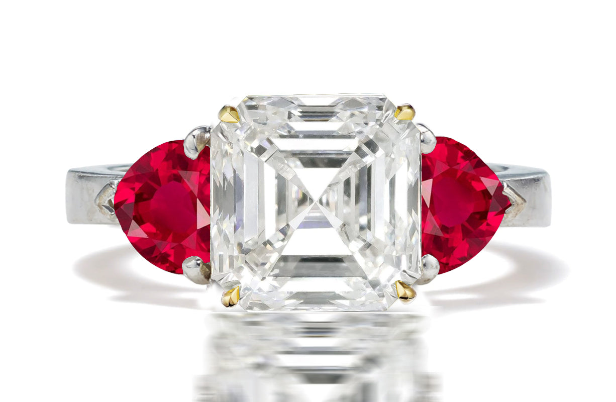 123 custom made unique asscher cut diamond center stone and heart ruby ...