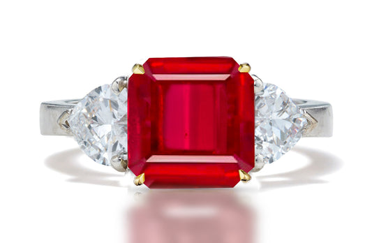 125 custom made unique asscher cut ruby center stone and heart diamond side three stone engagement ring