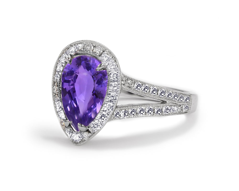 13 custom made purple sapphire and diamond vintage halo engagement rings