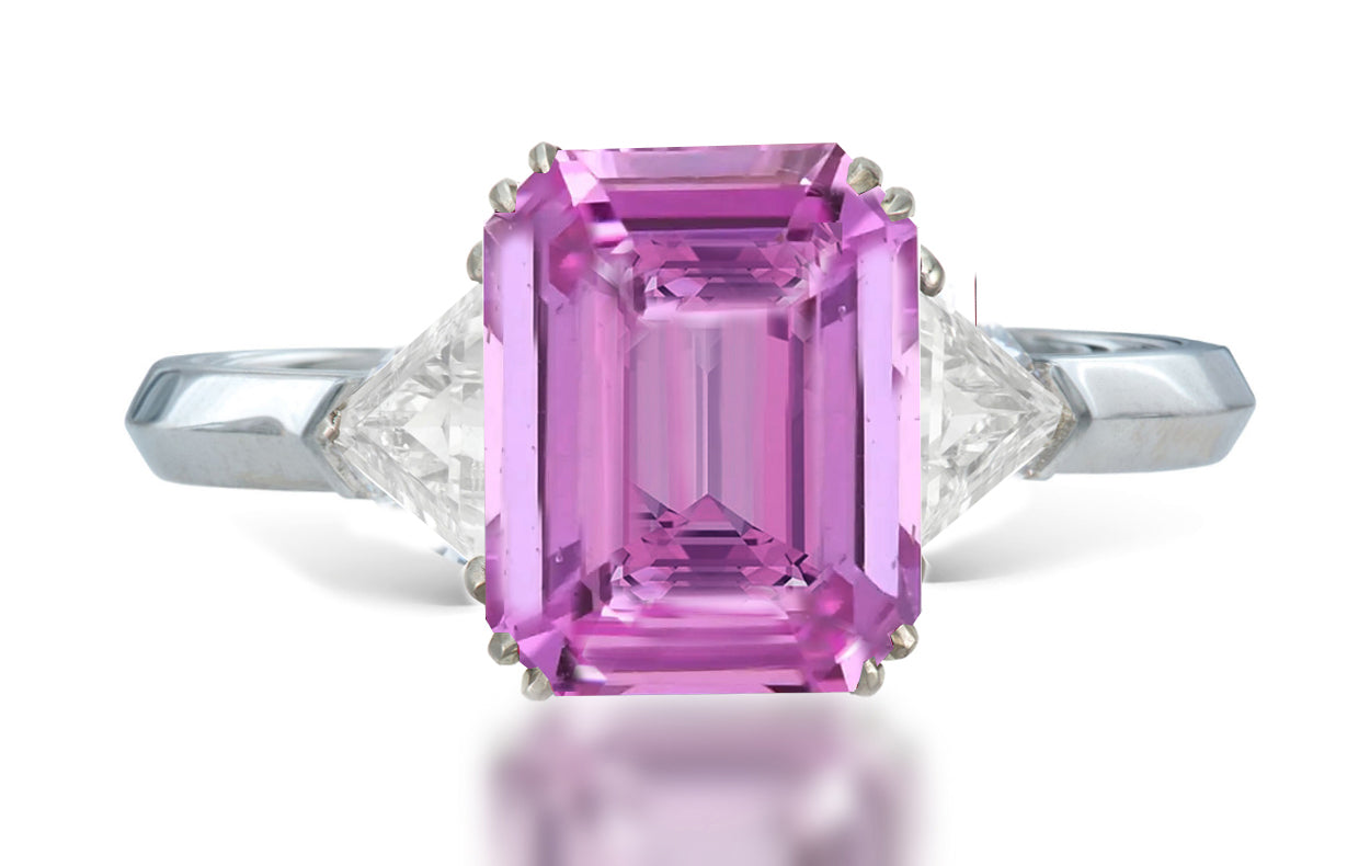 13 custom made unique emerald cut pink sapphire center stone with trillion diamond accents three stone engagement ring