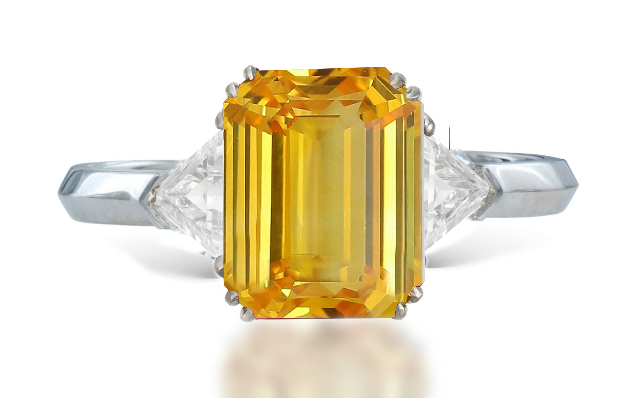 13 custom made unique emerald cut yellow sapphire center stone with trillion diamond accents three stone engagement ring