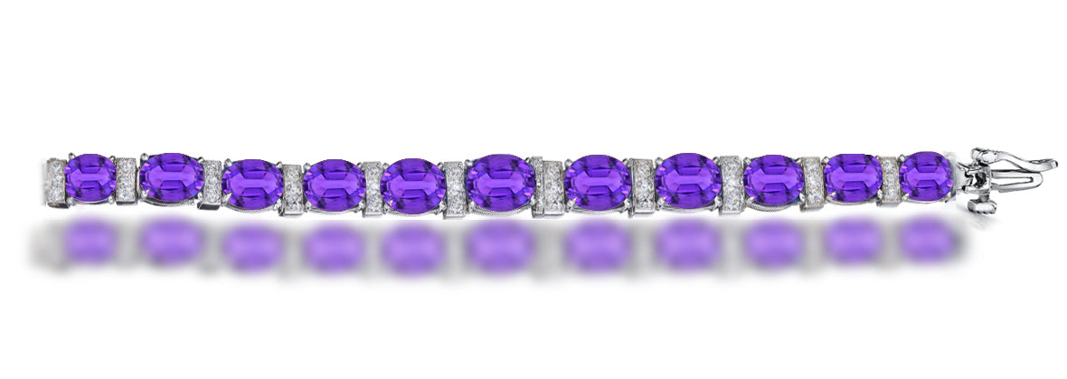 13 custom unique alternating oval purple sapphire and diamond halo tennis bracelet