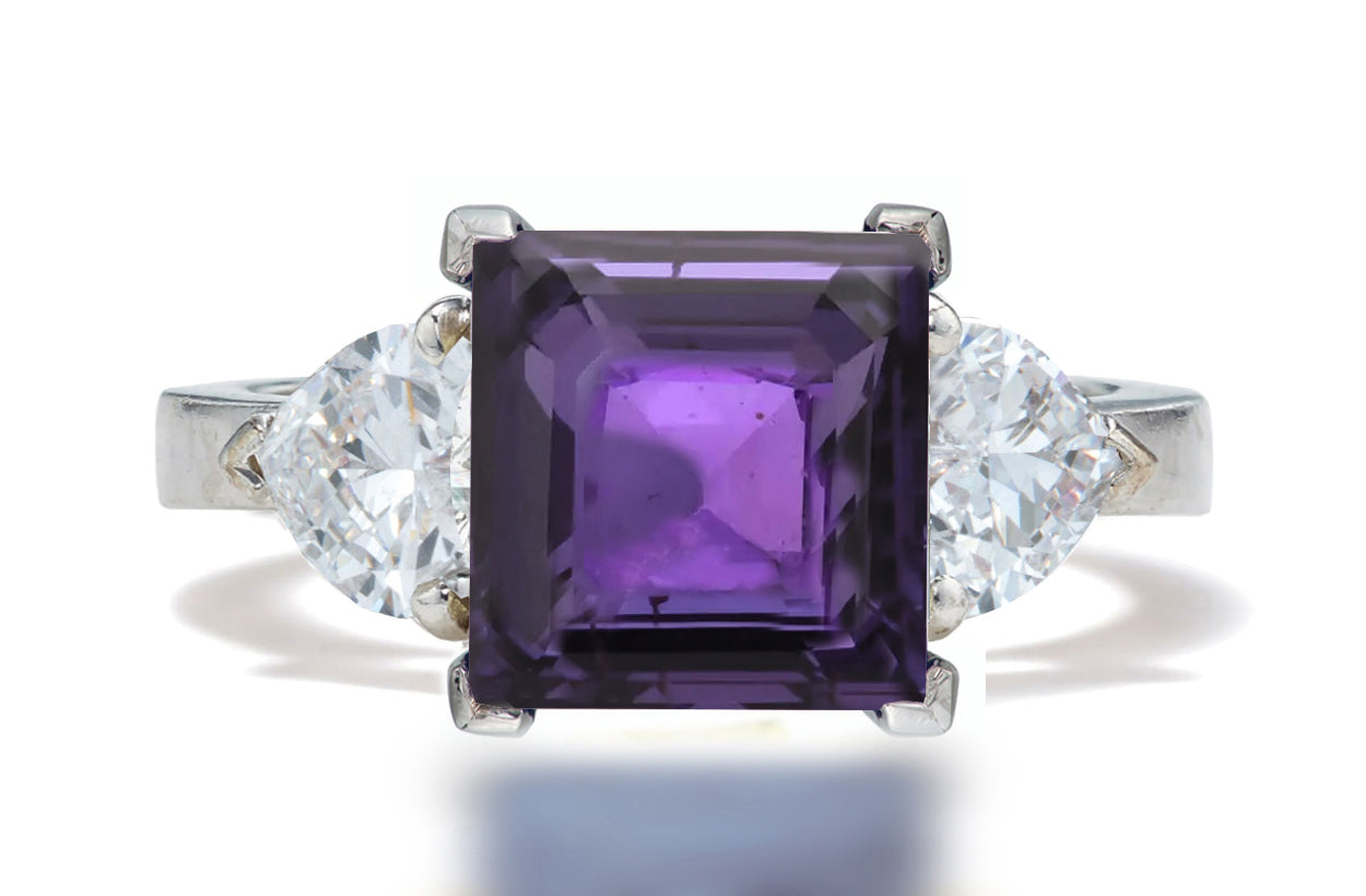 132 custom made unique square purple sapphire center stone and heart diamond side three stone engagement ring