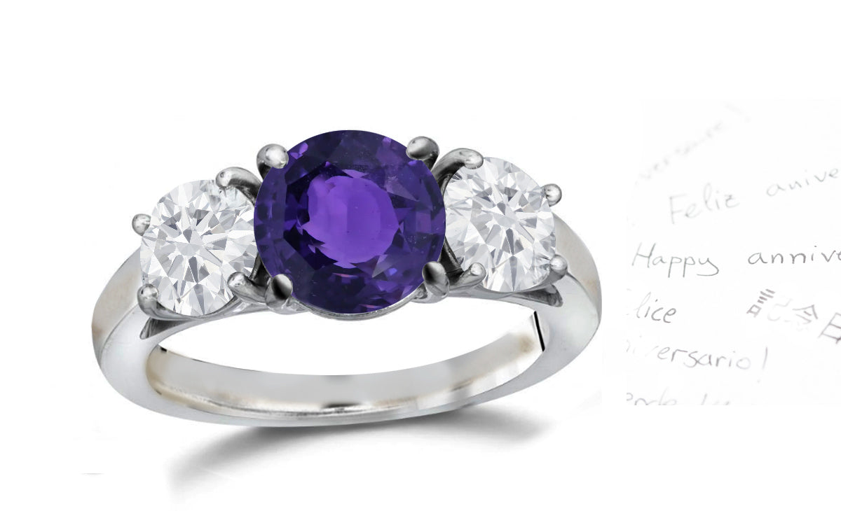 135 custom made unique round purple sapphire center stone and round diamond side three stone engagement ring