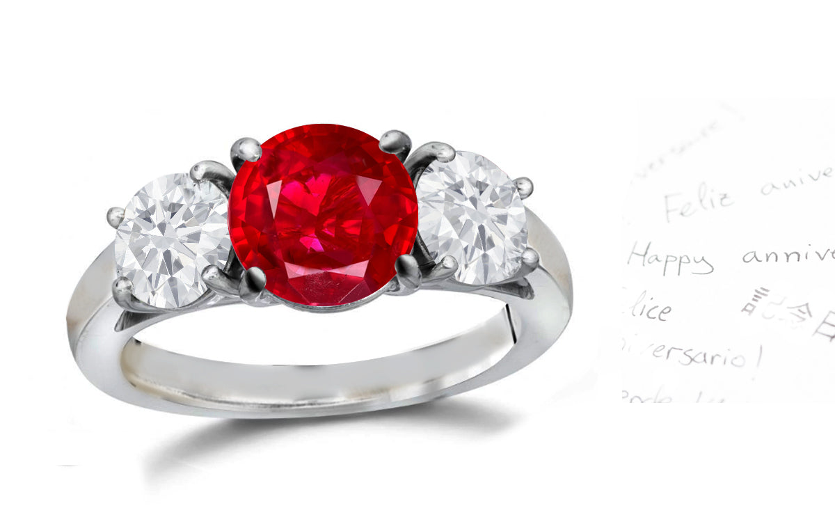 135 custom made unique round ruby center stone and round diamond side three stone engagement ring