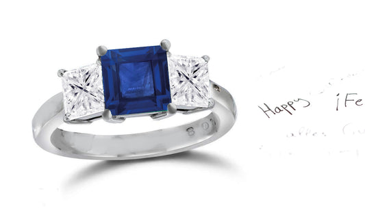 137 custom made unique square blue sapphire center stone and square diamond side three stone engagement ring