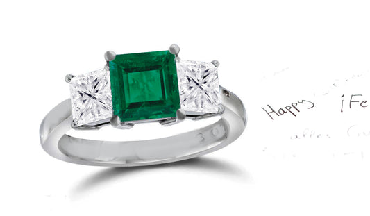 137 custom made unique square emerald center stone and square diamond side three stone engagement ring