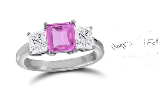 137 custom made unique square pink sapphire center stone and square diamond side three stone engagement ring