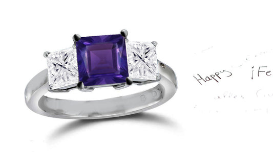 137 custom made unique square purple sapphire center stone and square diamond side three stone engagement ring