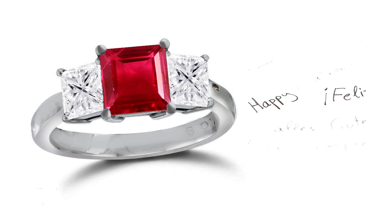 137 custom made unique square ruby center stone and square diamond side three stone engagement ring