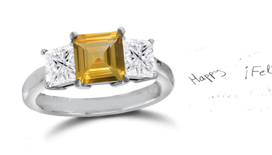 137 custom made unique square yellow sapphire center stone and square diamond side three stone engagement ring