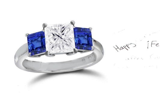 138 custom made unique square diamond center stone and square blue sapphire side three stone engagement ring