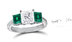 138 custom made unique square diamond center stone and square emerald side three stone engagement ring