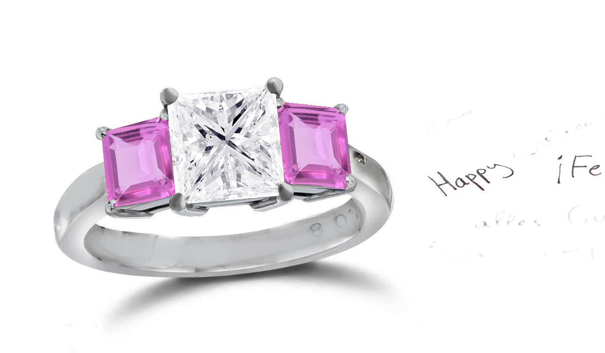 138 custom made unique square diamond center stone and square pink sapphire side three stone engagement ring1