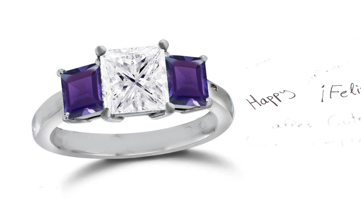 138 custom made unique square diamond center stone and square purple sapphire side three stone engagement ring