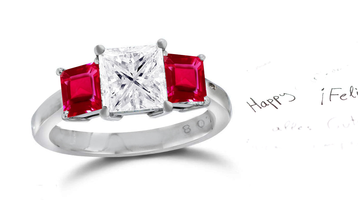 138 custom made unique square diamond center stone and square ruby side three stone engagement ring