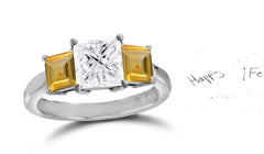 138 custom made unique square diamond center stone and square yellow sapphire side three stone engagement ring