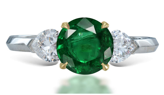 14 custom made unique round emerald center stone with heart diamond accents three stone engagement ring