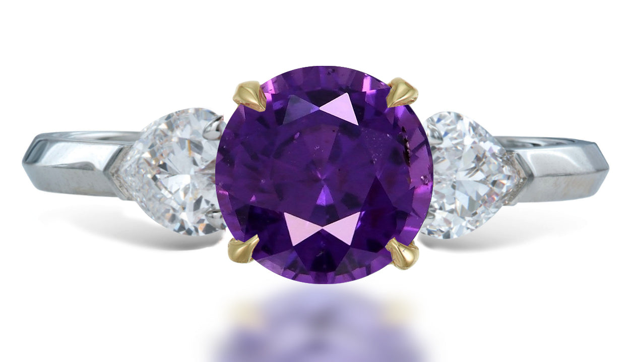 14 custom made unique round purple sapphire center stone with heart diamond accents three stone engagement ring