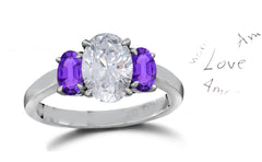 141 custom made unique oval diamond center stone and oval purple sapphire side three stone engagement ring