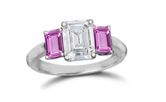 142 custom made unique emerald cut diamond center stone and emerald cut pink sapphire side three stone engagement ring