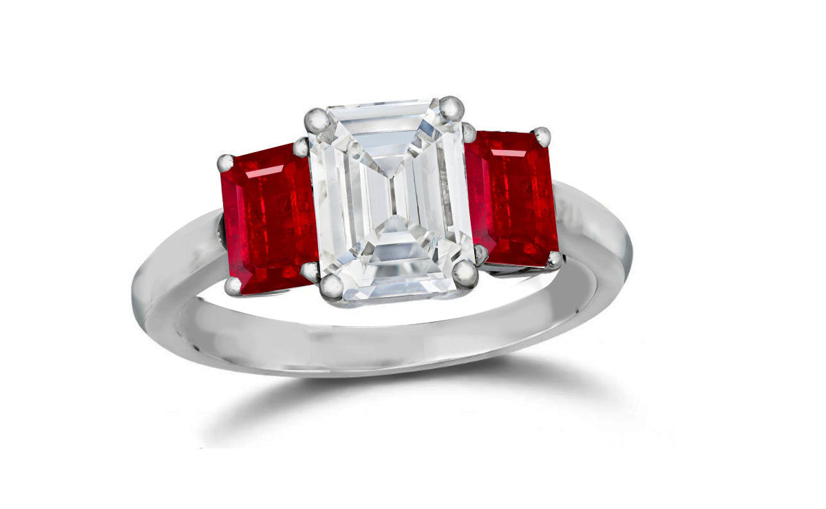 142 custom made unique emerald cut diamond center stone and emerald cut ruby side three stone engagement ring