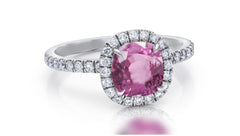 143 custom made unique round pink sapphire center stone and diamond halo engagement ring