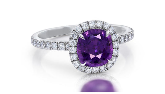 143 custom made unique round purple sapphire center stone and diamond halo engagement ring