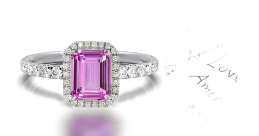 144 custom made unique emerald cut pink sapphire center stone and diamond halo engagement ring