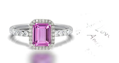 144 custom made unique emerald cut pink sapphire center stone and diamond halo engagement ring