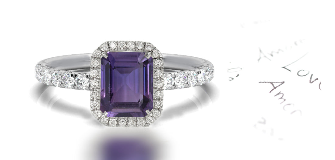 144 custom made unique emerald cut purple sapphire center stone and diamond halo engagement ring