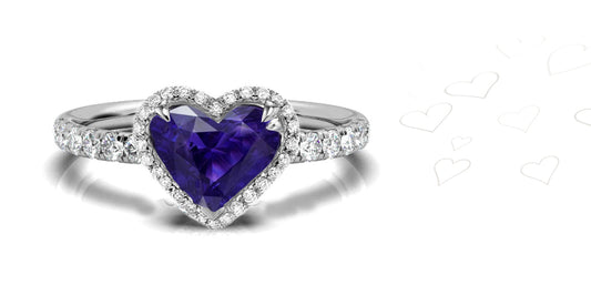 145 custom made unique heart purple sapphire center stone and diamond halo engagement ring