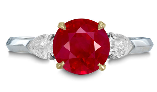 15 custom made unique round ruby center stone with pear diamond accents three stone engagement ring